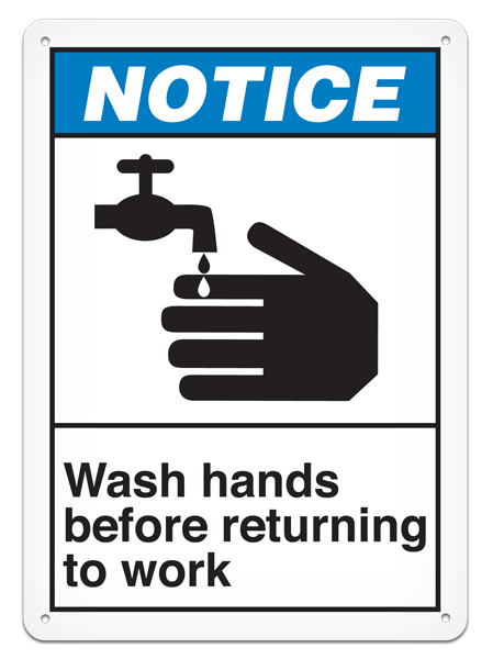 NOTICE WASH HANDS BEFORE RETURNING TO WORK ANSI style Safety Sign (10in x 14in)