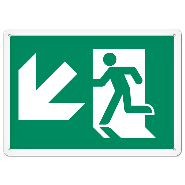 RUNNING MAN with LEFT DOWN ARROW PrimeGuard® Egress Marking Safety Sign (10 in X 14 in)