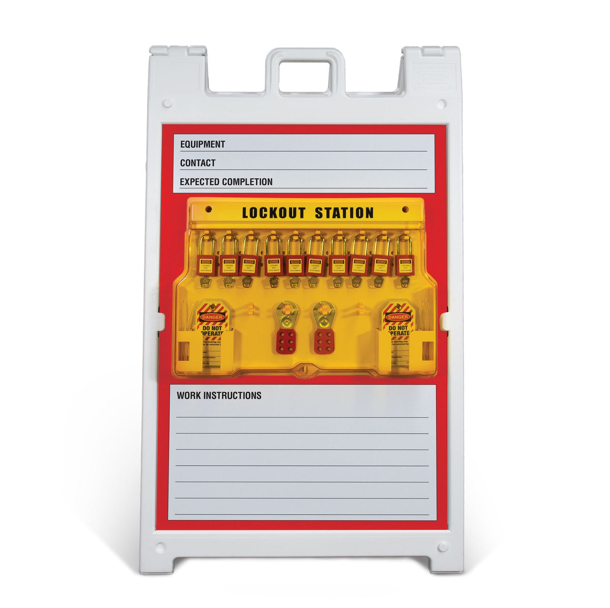 HV2000 DANGER LOCKOUT PROCEDURES IN PROGRESS LARGE FORMAT A-FRAME SIGN WITH MOUNTED LOCKOUT/TAGOUT STATION ATTACHED