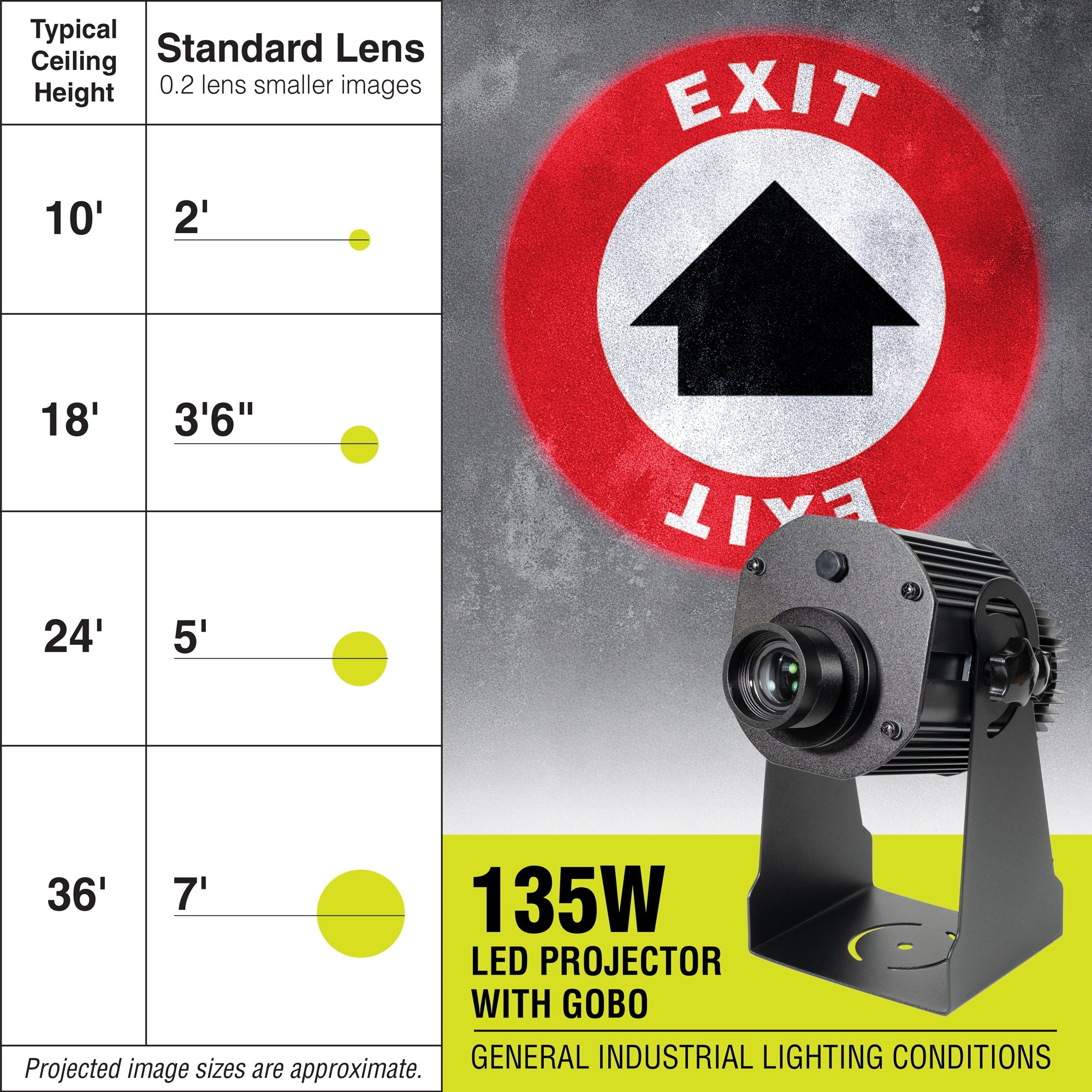 PROJ135S1006 135 WATT WAREHOUSE FLOOR AND WALL SAFETY SIGN PROJECTOR Standard Lens with EXIT with Arrow Sign