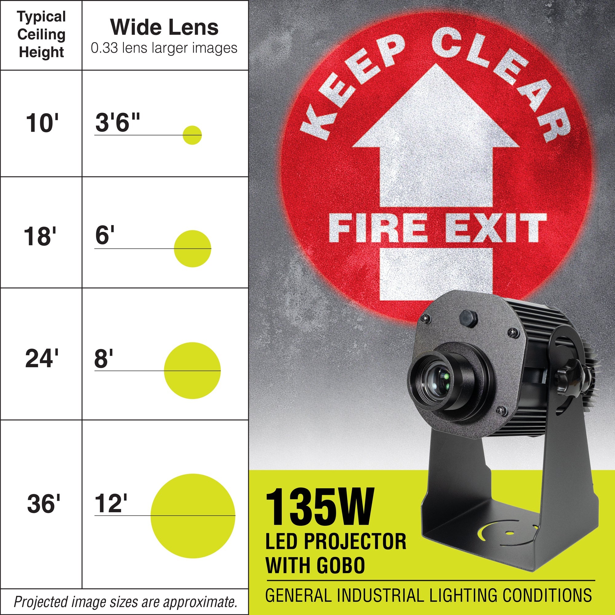 PROJ135W1018 35 WATT WAREHOUSE FLOOR AND WALL SAFETY SIGN PROJECTOR Wide Lens with KEEP CLEAR FIRE EXIT Sign