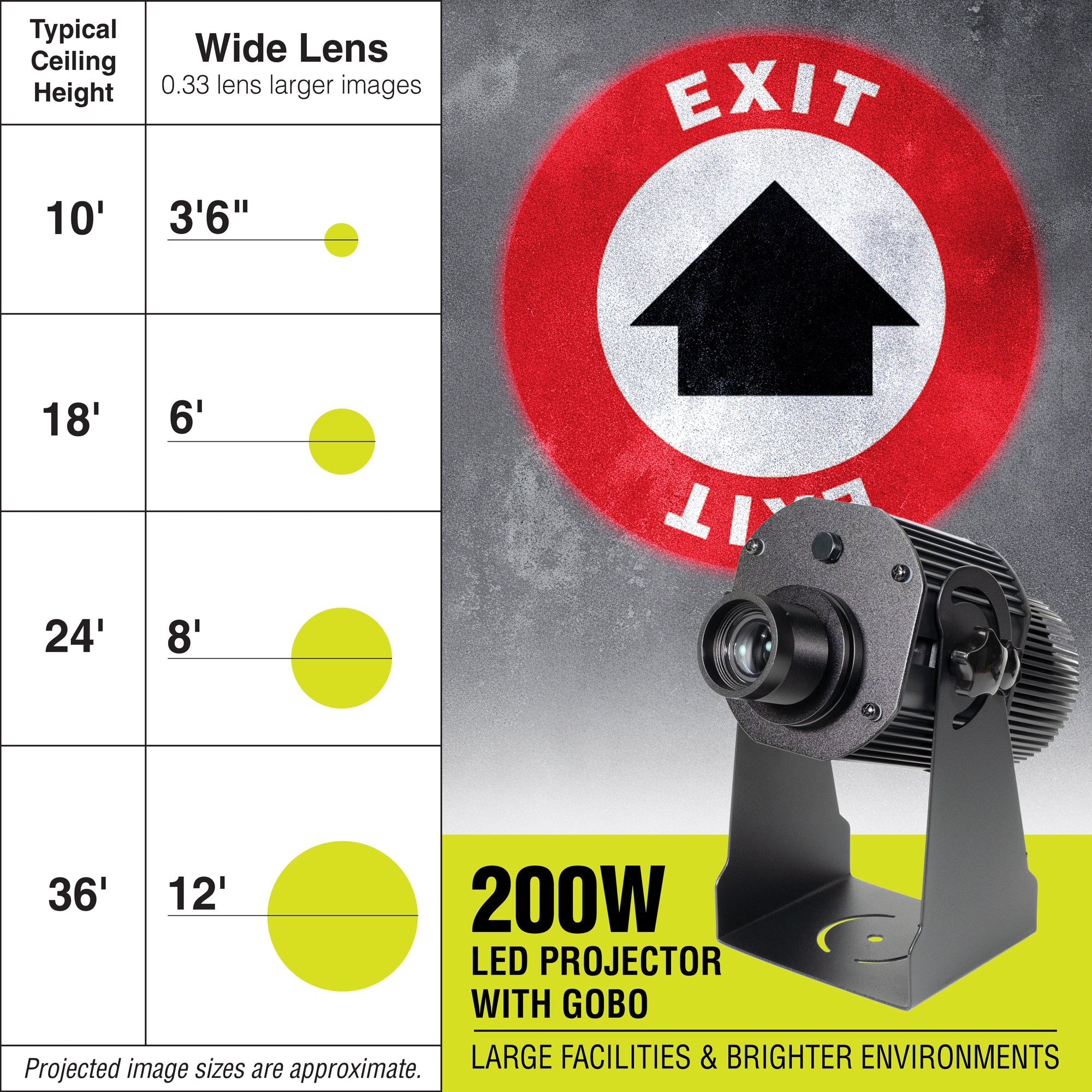 PROJ200W1006 200 WATT WAREHOUSE FLOOR AND WALL SAFETY SIGN PROJECTOR Wide Lens with EXIT with Arrow Sign