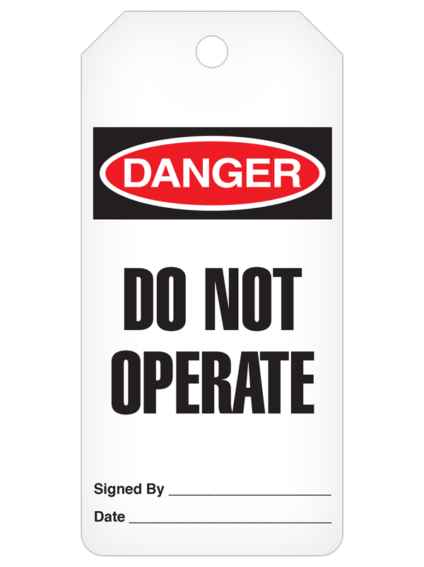 DANGER DO NOT OPERATE DuraPly™ Safety Tags-on-a-Roll 3 in x 6.25 in with Dispenser Box -FRONT
