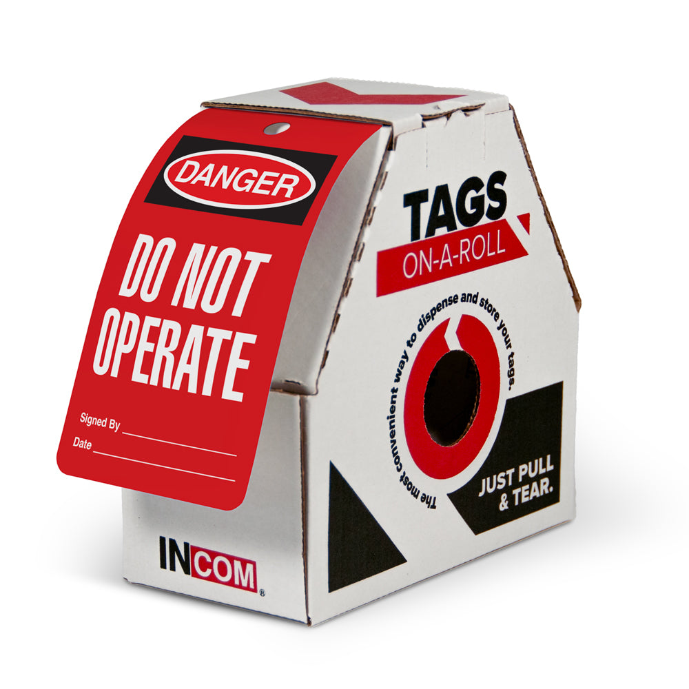 RED DANGER DO NOT OPERATE DuraPly™ Safety Tags-on-a-Roll 3 in x 6.25 in with Dispenser Box
