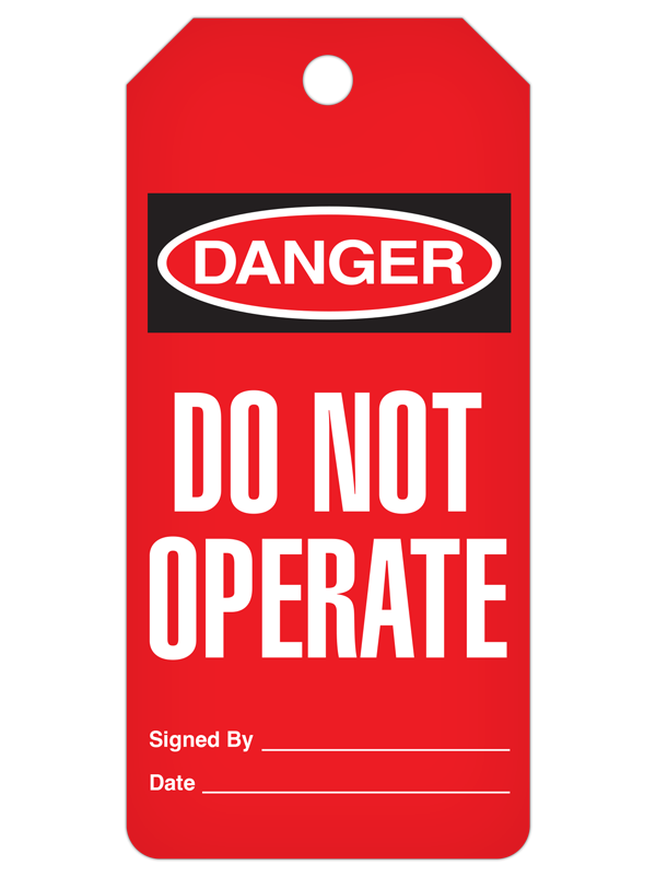 RED DANGER DO NOT OPERATE DuraPly™ Safety Tags-on-a-Roll 3 in x 6.25 in with Dispenser Box -FRONT