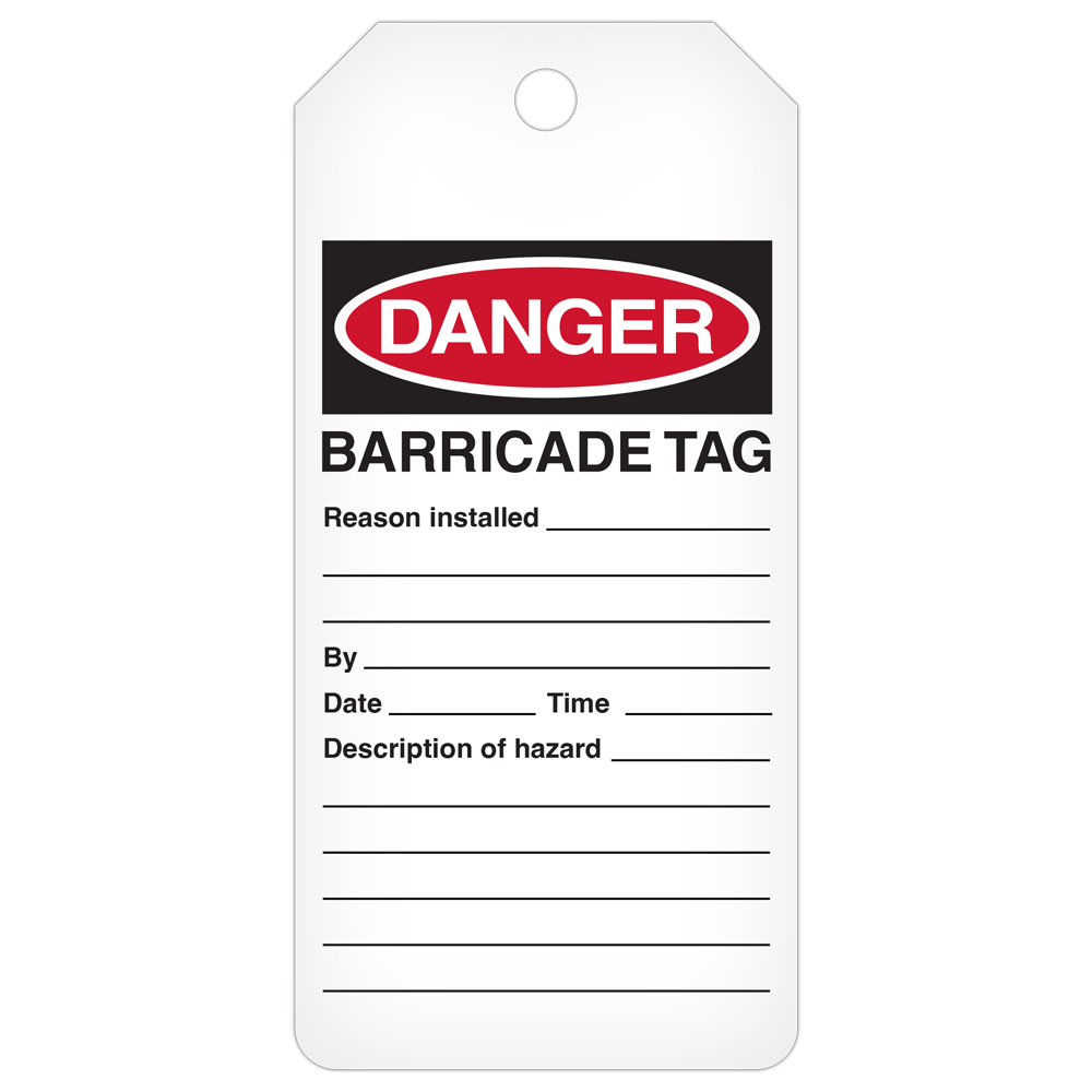 DANGER BARRICADE TAG DuraPly™ Safety Tags-on-a-Roll 3 in x 6.25 in with Dispenser Box -FRONT