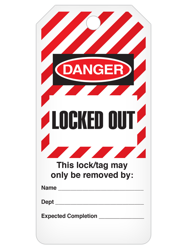 DANGER LOCKED OUT Striped DuraPly™ Safety Tags-on-a-Roll 3 in x 6.25 in with Dispenser Box -FRONT