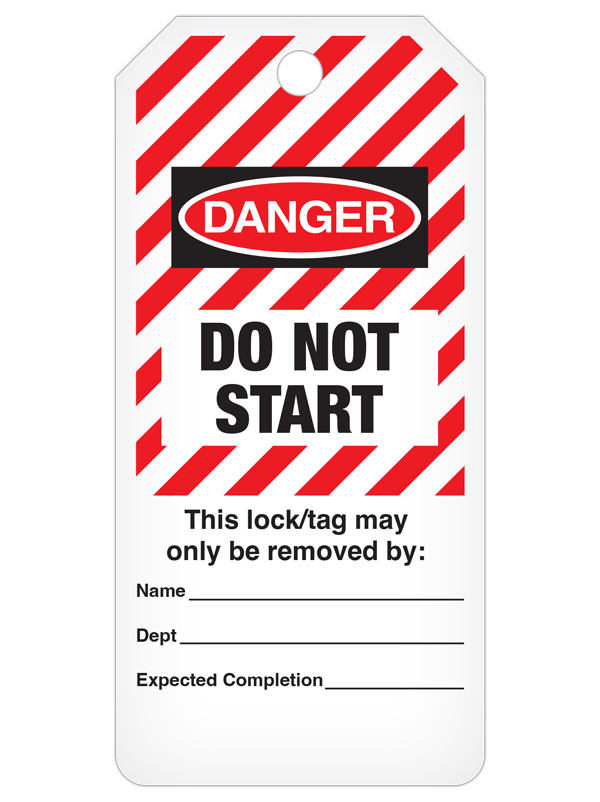 DANGER DO NOT START Striped DuraPly™ Safety Tags-on-a-Roll 3 in x 6.25 in with Dispenser Box -FRONT