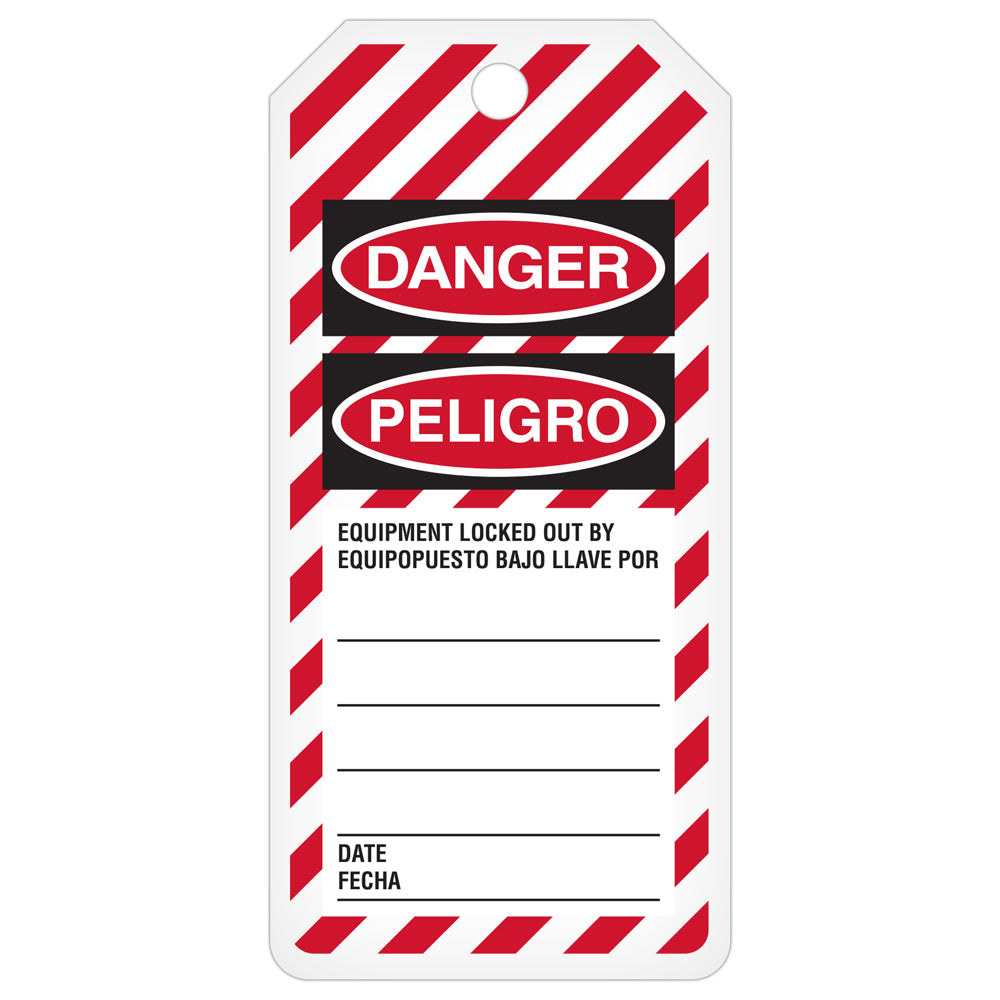 DANGER DO NOT OPERATE/PELIGRO NO PONGA EN FUNCIONAMIENTO Bilingual Striped DuraPly™ Safety Tags-on-a-Roll 3 in x 6.25 in with Dispenser Box - BACK