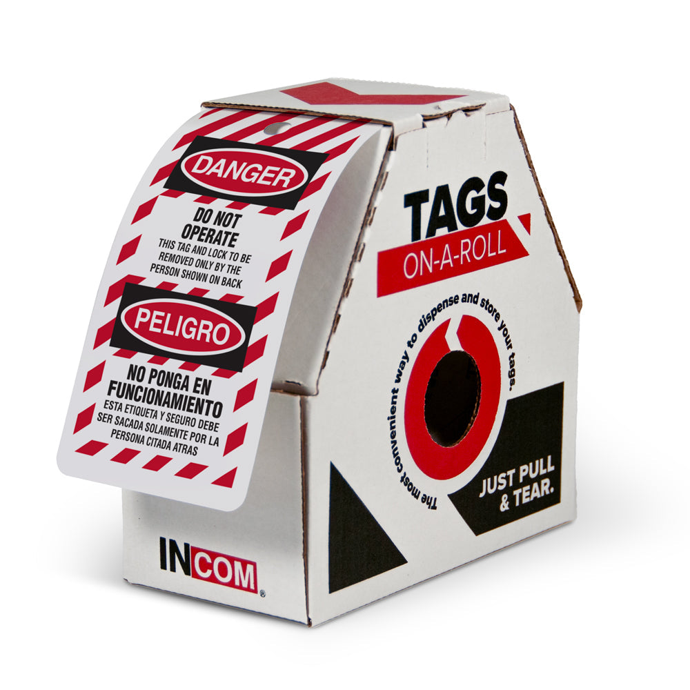DANGER DO NOT OPERATE/PELIGRO NO PONGA EN FUNCIONAMIENTO Bilingual Striped DuraPly™ Safety Tags-on-a-Roll 3 in x 6.25 in with Dispenser Box - with Dispenser Box