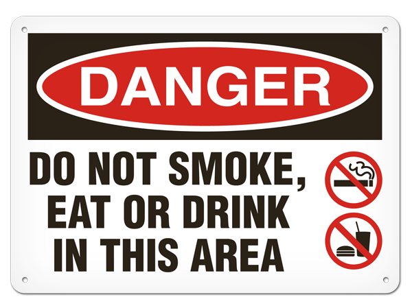 DANGER DO NOT SMOKE, EAT OR DRINK IN THIS AREA PrimeGuard® Traditional OSHA Style Safety Sign