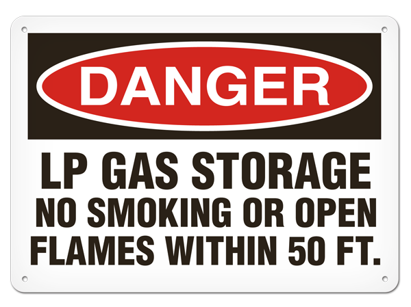DANGER LP GAS STORAGE NO SMOKING OR OPEN FLAMES WITHIN 50 FT. PrimeGuard® Traditional OSHA Style Safety Sign