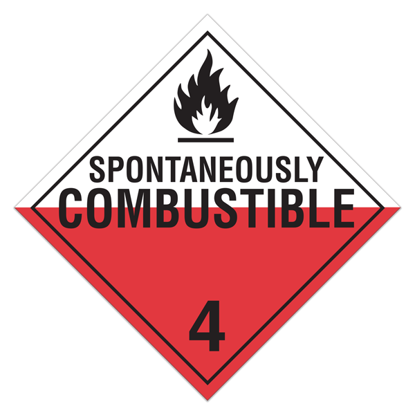 Class 4.2 SUBSTANCES LIABEL TO SPONTANEOUS COMBUSTION DOT Worded Hazmat Placards (100 /pkg)