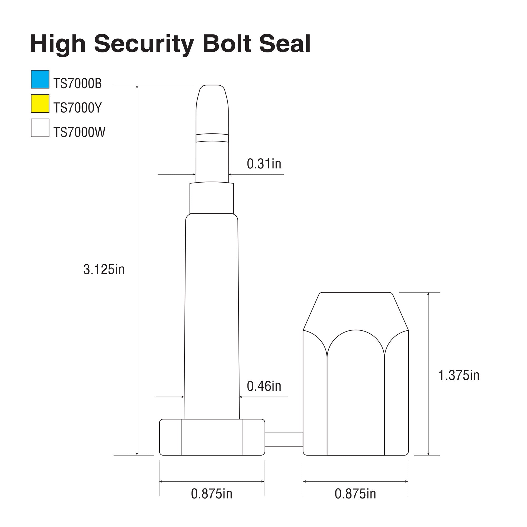 TS7000-series Heavy Duty High Security Bolt Seal (250 /case) line drawing with dimensions