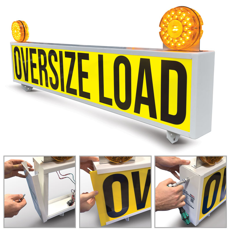 Illuminated Light-Up Pilot Car Over-Dimensional Load Sign Insert (71.5 in x 13.5 in) being inserted into a pilot car sign
