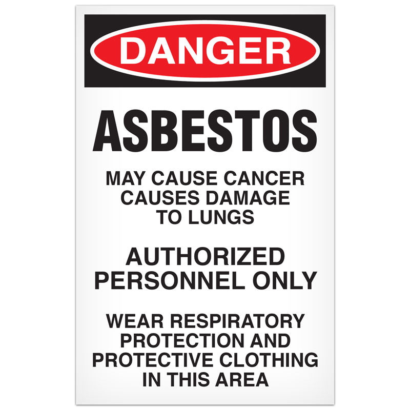 Paper Disposable Abatement DANGER ASBESTOS MAY CAUSE CANCER CAUSES DAMAGE TO LUNGS AUTHORIZED PERSONNEL ONLY WEAR RESPIRATORY PROTECTION AND PROTECTIVE CLOTHING IN THIS AREA Signs (100/pkg) 11 in x 17 in