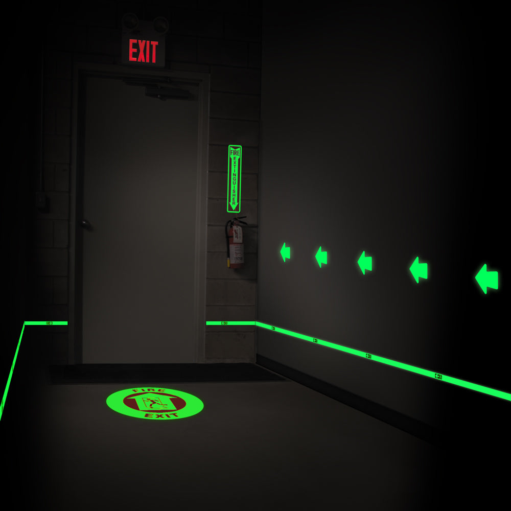 GTAR40 and GTCL30 applied to a emergency exit in low light conditions showing the glow capability of the products 
