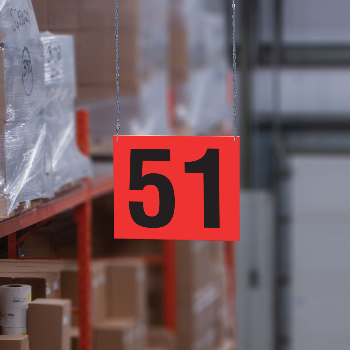 Heavy Duty Warehouse Aisle Location Signs  (22 in x 22 in) Consecutively Numbered (10 /pkg) hanging from the ceiling
