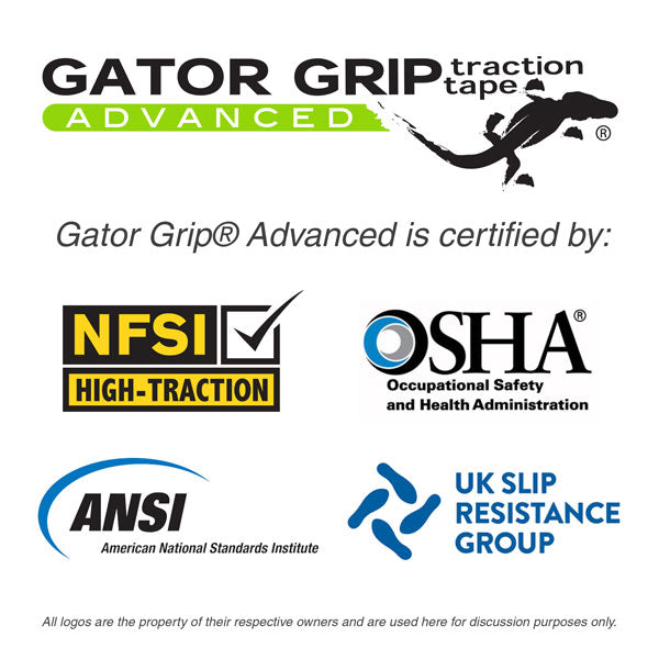Gator Grip® Anti-Slip Grip Colored Traction Tape Certifications List NFSI National Floor Safety Institute High Traction, OSHA Occupational Safety & Health Administration, ANSI American National Standards Institute, UK Slip Resistance Group