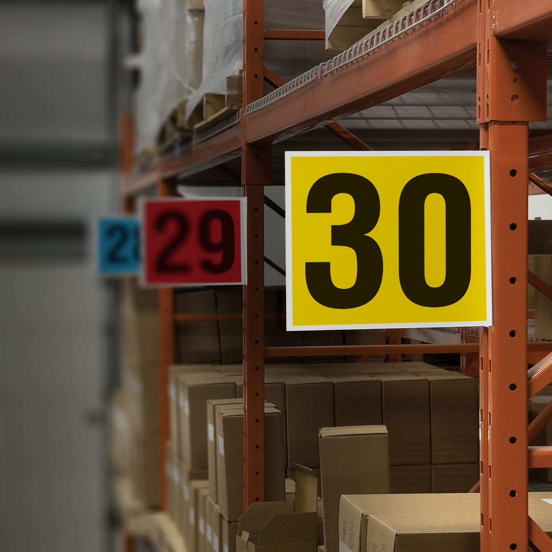 Heavy Duty Warehouse Aisle Location Signs (12 in x 10 in) Consecutively Numbered with L-Bend Printed Both Sides (10 /pkg) mounted to racking