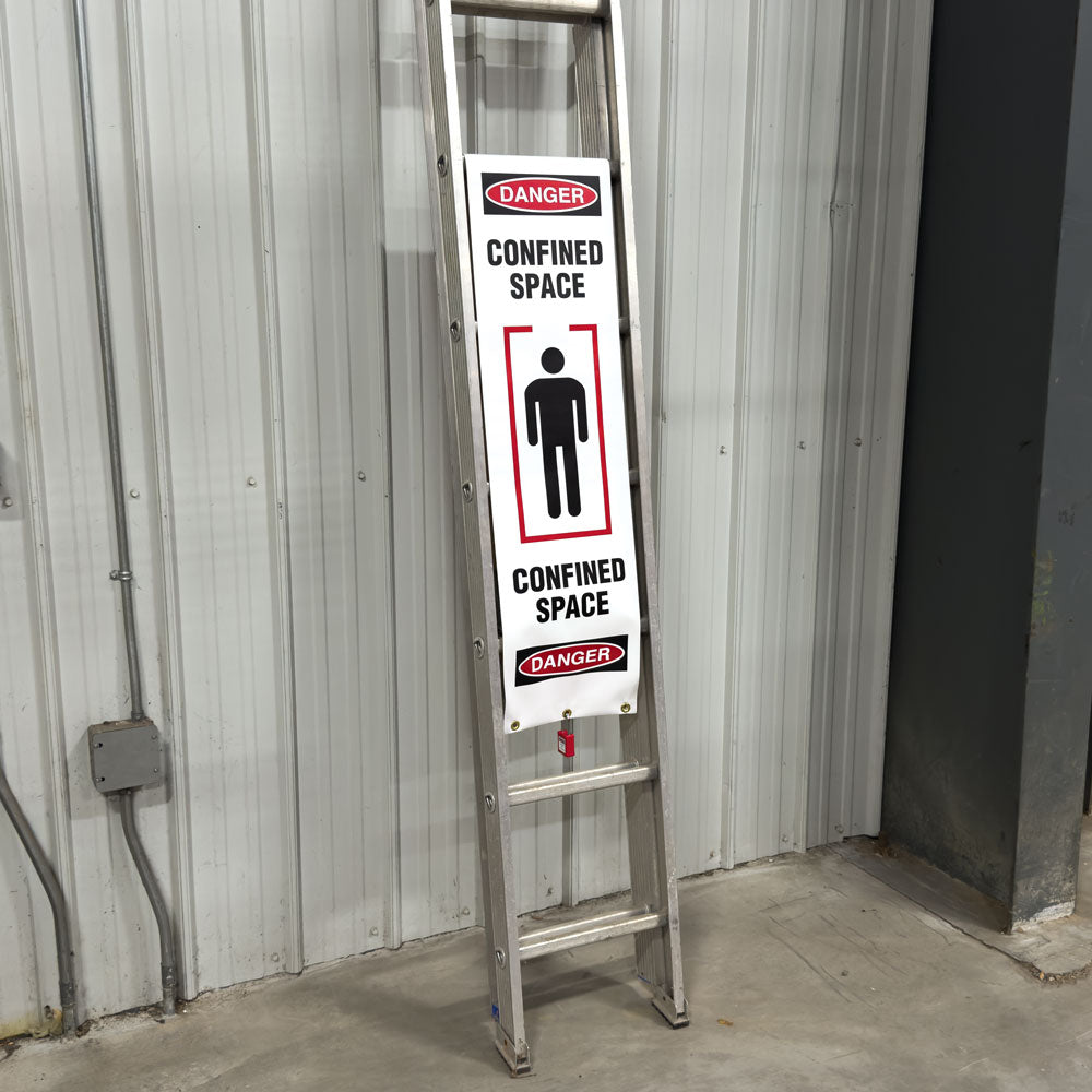 LADWR101 Ladder Barrier Danger OSHA Wrap (12 in x 90 in) CONFINED SPACE applied to a ladder