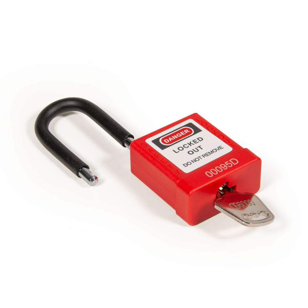 LT300KDRD Red Aluminum Lockout/Tagout Lock with Rubber Shackle with key in lock