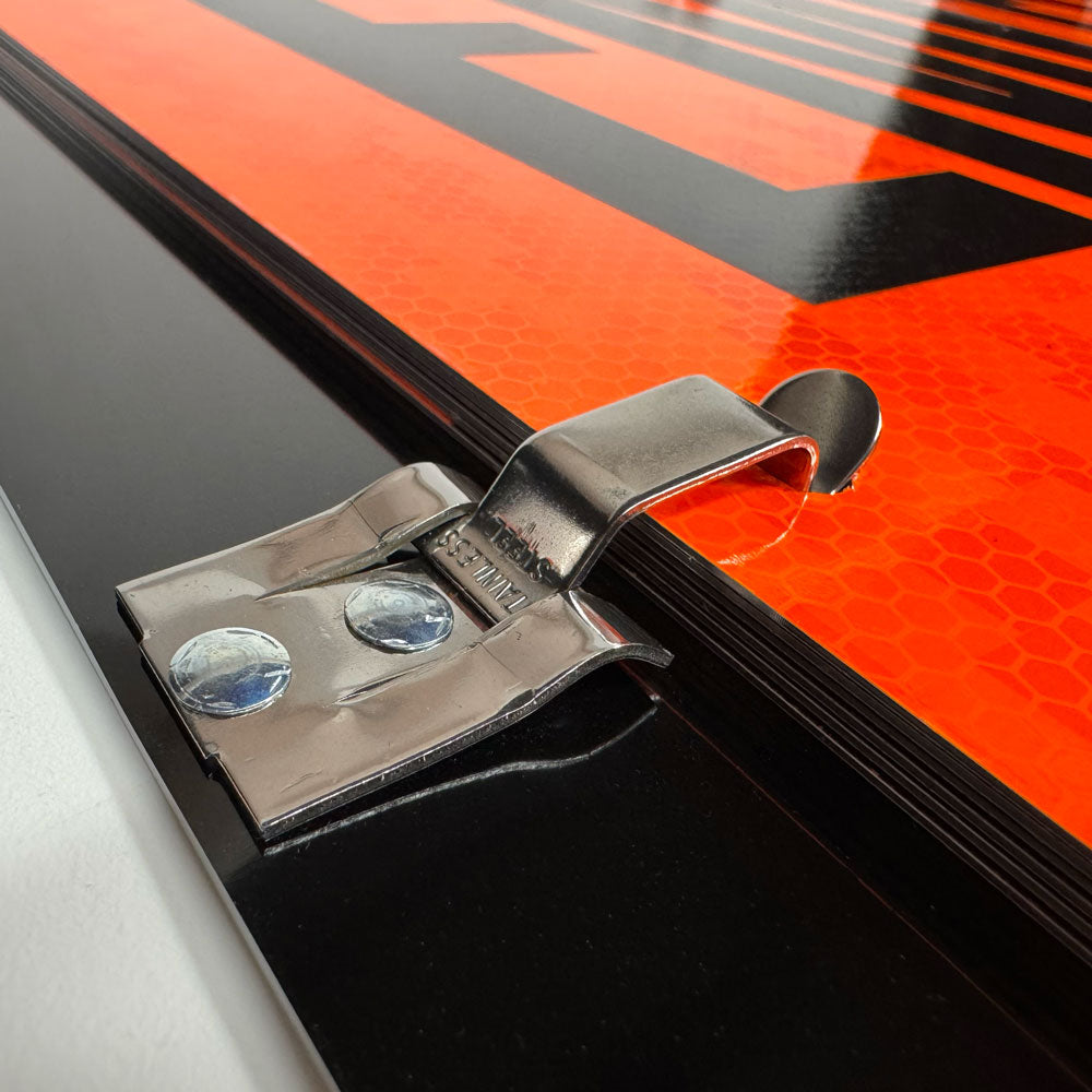 MIL1200 and MIL2400 Aluminum Reflective Military Fire Hazard Division Ident-O-Flip™ Sign Close up of stainless steel clip