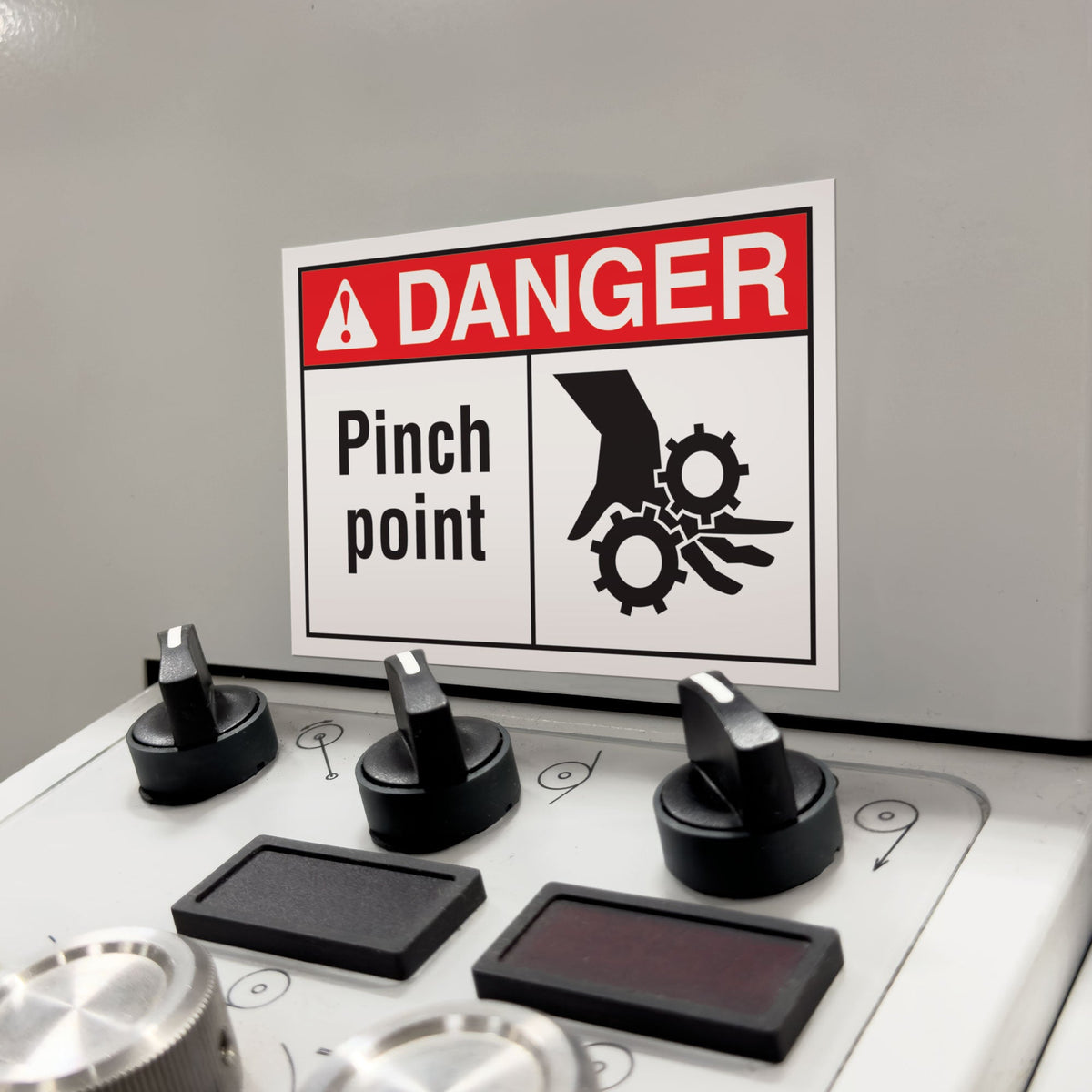 MGD100 DANGER PINCH POINT Machine and Equipment Safety Hazard Warning Laminated Decals (3.5 in x 5") 8 per Sheet applied above the controls of a machine