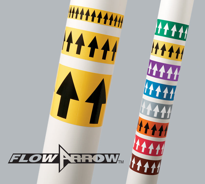 Various PMA-series Arrow Pipe Marker Adhesive Directional Flow Arrows applied to different diameter pipes