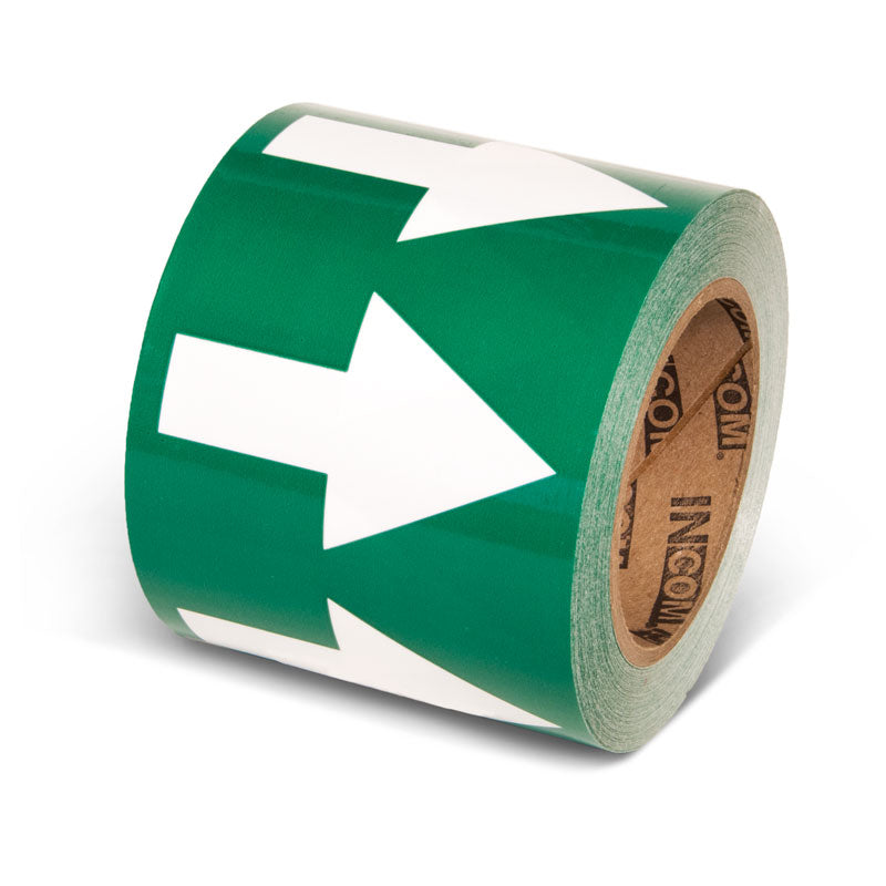 PMA452 Green w/ White Arrow Pipe Marker Adhesive Directional Flow Arrows on a roll (4 in x 108 ft)
