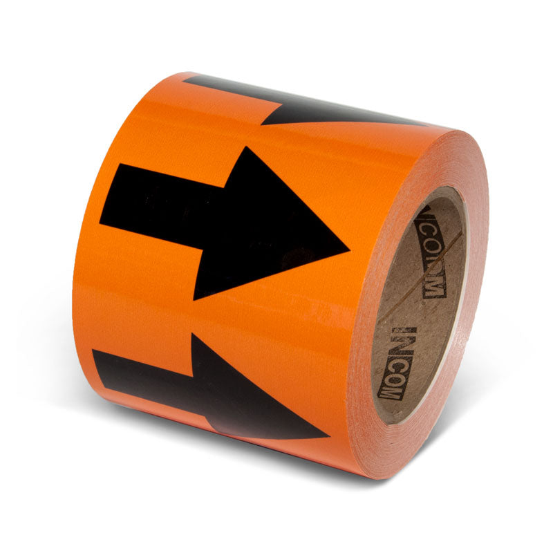 PMA453 Orange w/ Black Arrow Pipe Marker Adhesive Directional Flow Arrows on a roll (4 in x 108 ft)