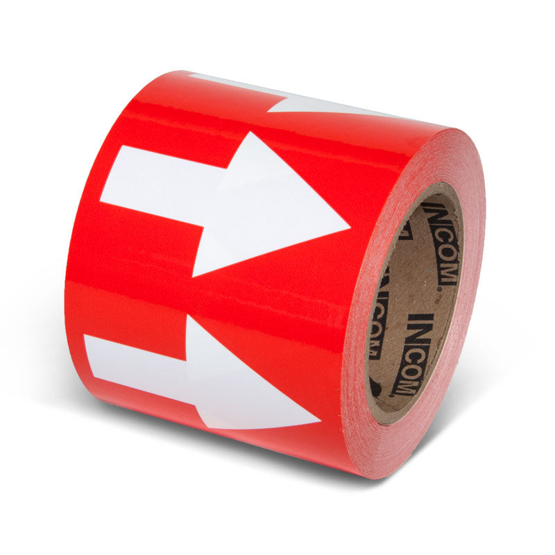 PMA454 Red w/ White Arrow Pipe Marker Adhesive Directional Flow Arrows on a roll (4 in x 108 ft)