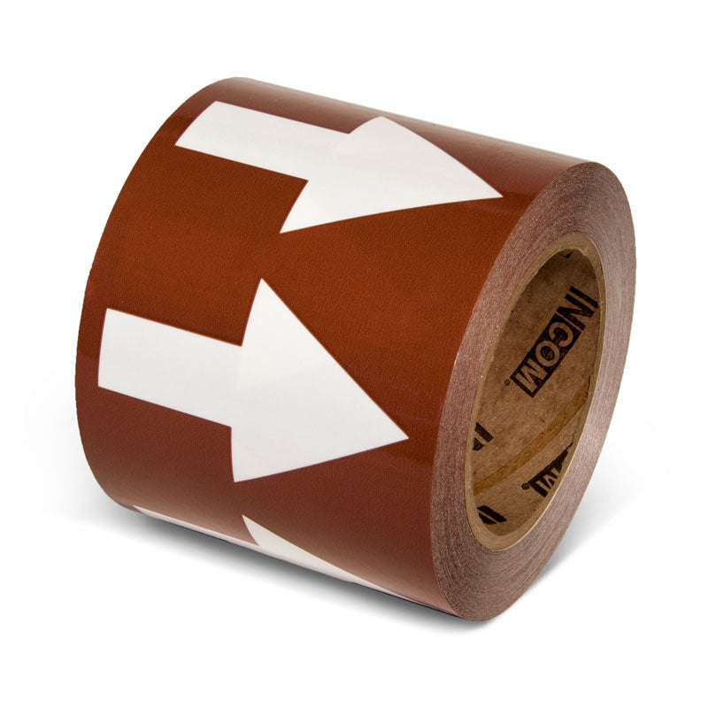 PMA456 Brown w/ White Arrow Pipe Marker Adhesive Directional Flow Arrows on a roll (4 in x 108 ft)