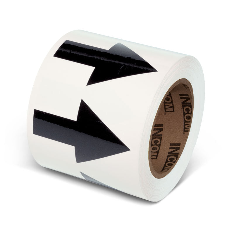 PMA459 White w/ Black Arrow Pipe Marker Adhesive Directional Flow Arrows on a roll (4 in x 108 ft)