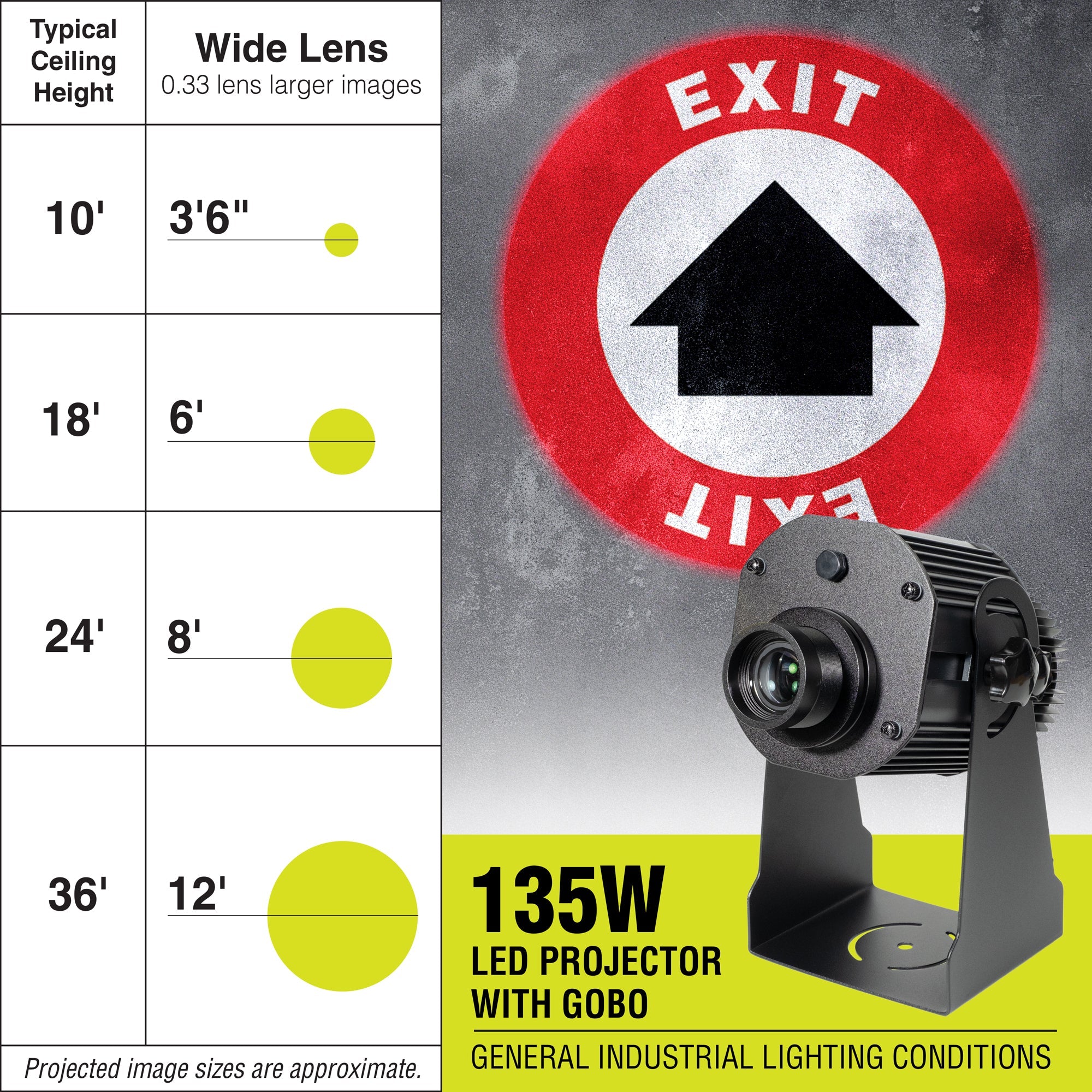 PROJ135W1006 135 WATT WAREHOUSE FLOOR AND WALL SAFETY SIGN PROJECTOR Wide Lens with EXIT with Arrow Sign