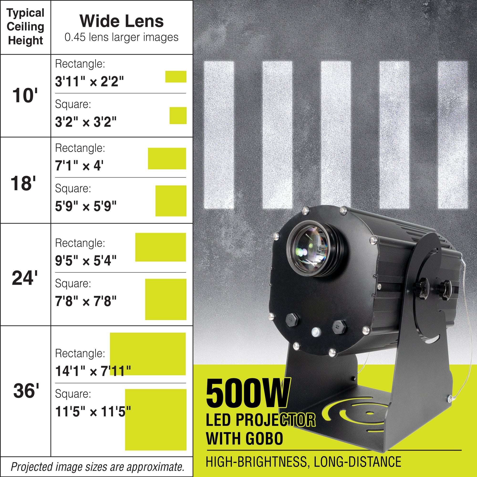 PROJ500W2002 500 WATT WAREHOUSE FLOOR AND WALL SAFETY SIGN PROJECTOR Wide Lens with  Alternating White Stripes