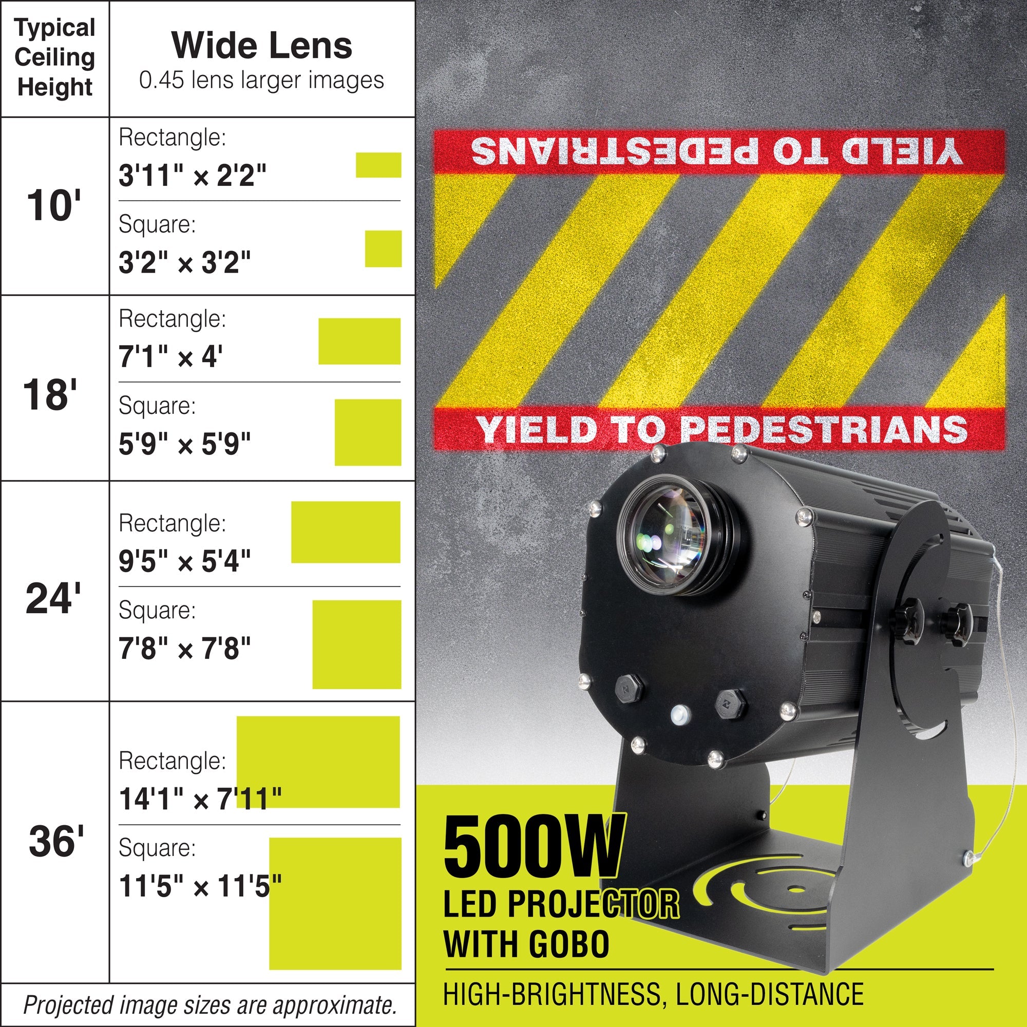 PROJ500W2003 500 WATT WAREHOUSE FLOOR AND WALL SAFETY SIGN PROJECTOR Wide Lens with YIELD TO PEDESTRIANS Sign