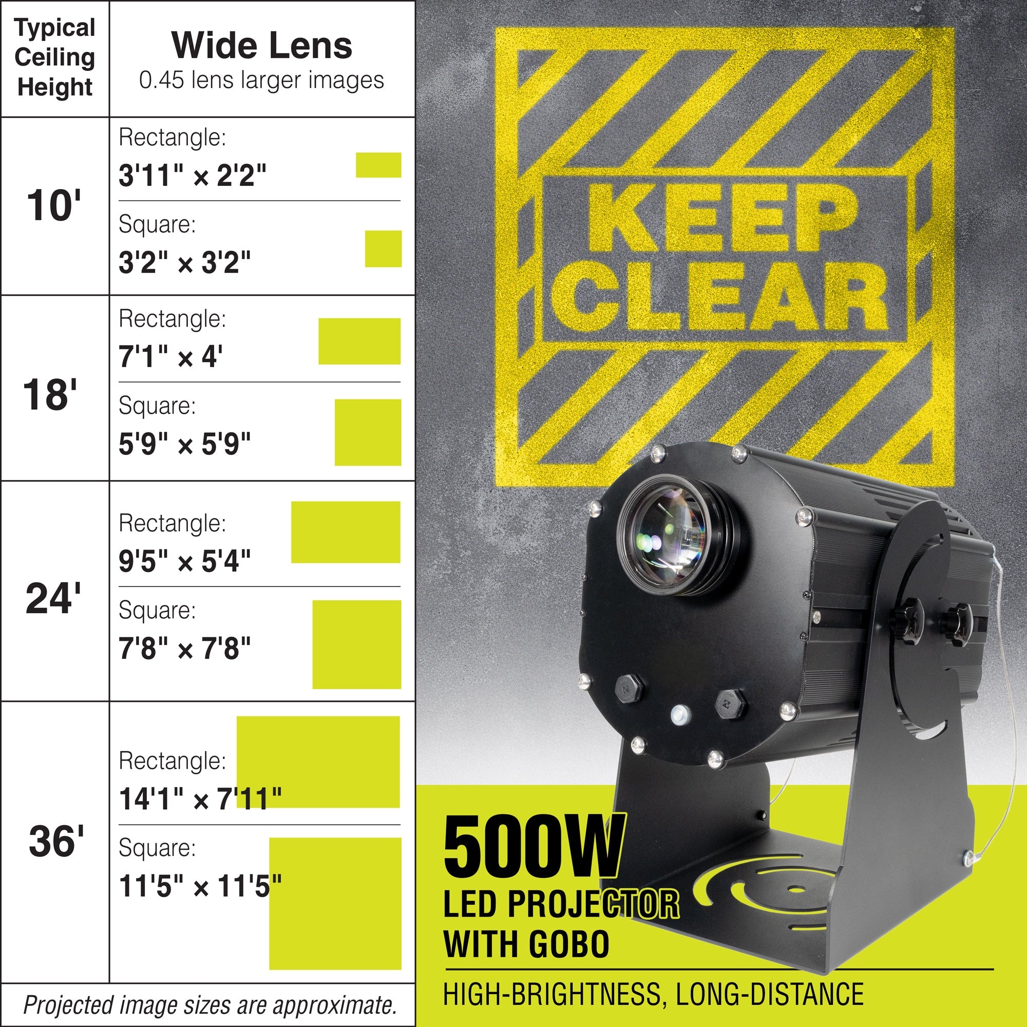 PROJ500W2006 500 WATT WAREHOUSE FLOOR AND WALL SAFETY SIGN PROJECTOR Wide Lens with KEEP CLEAR
