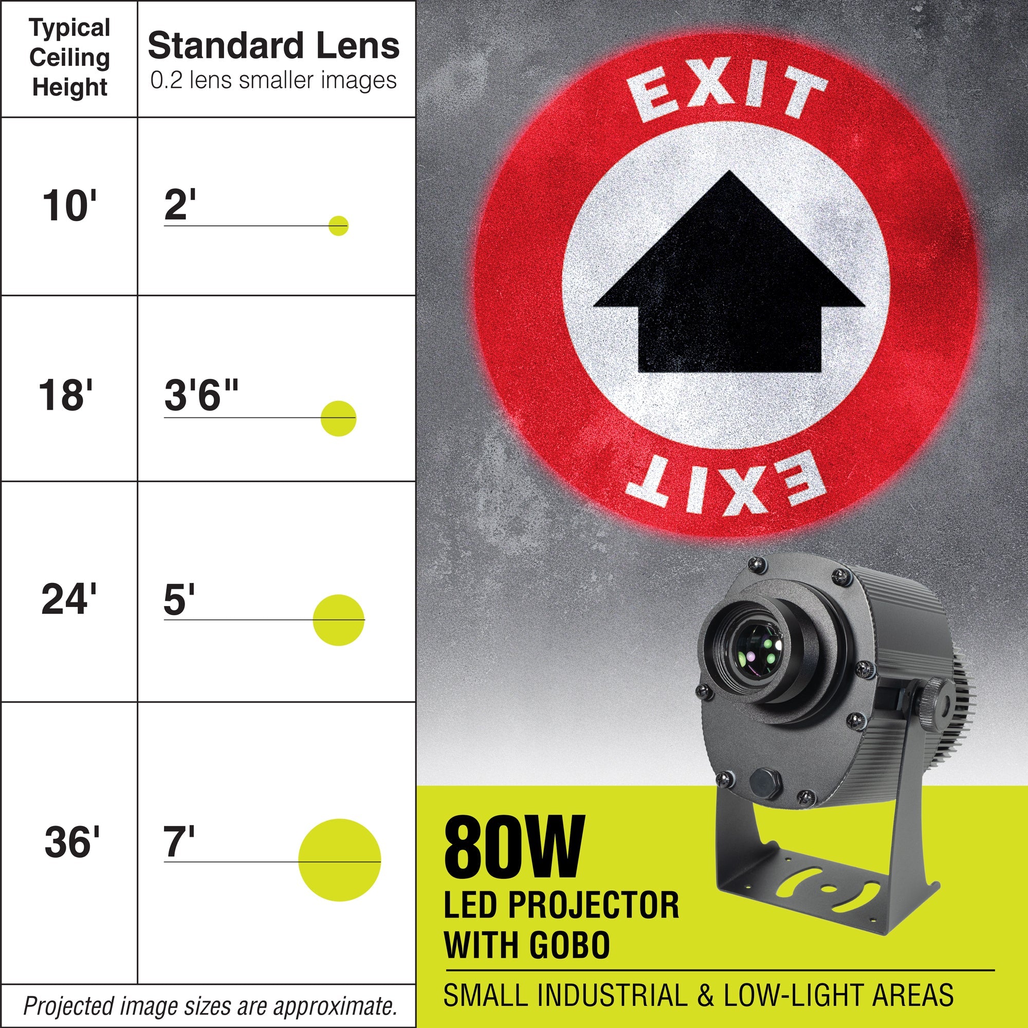 PROJ80S1006 80 WATT WAREHOUSE FLOOR AND WALL SAFETY SIGN PROJECTOR with EXIT with Arrow Sign