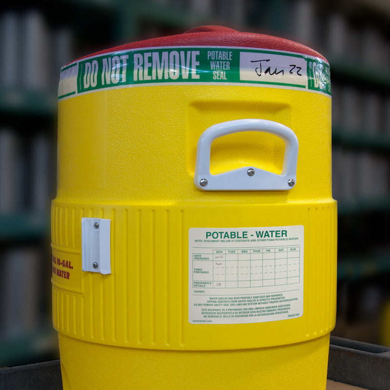 DO NOT REMOVE POTABLE WATER SEAL Cooler Printed Adhesive Marking Tape (2 in x 165 ft) and Adhesive Decals (6 in x 7 in) applied to a water cooler 