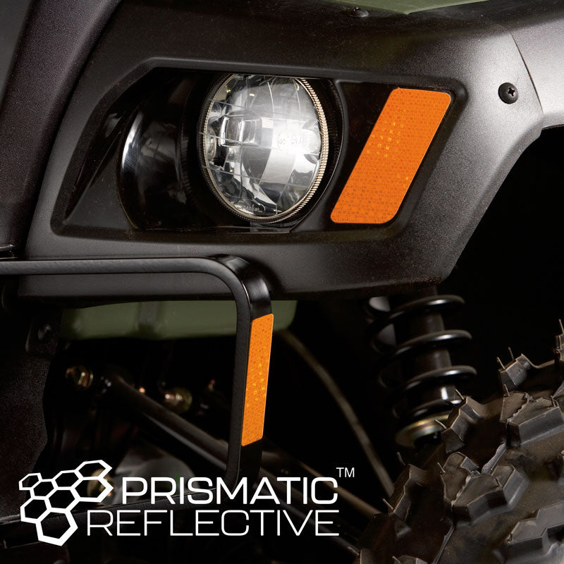 RST105 Orange  2 in x 30 ft Prismatic Solid Color Engineer Grade Reflective Adhesive Tape applied to the front of an all terrain vehicle