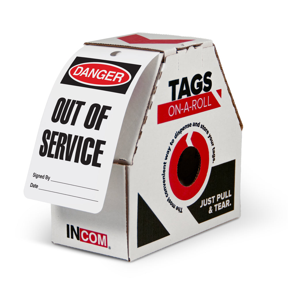 DANGER OUT OF SERVICE DuraPly™ Safety Tags-on-a-Roll 3 in x 6.25 in with Dispenser Box 