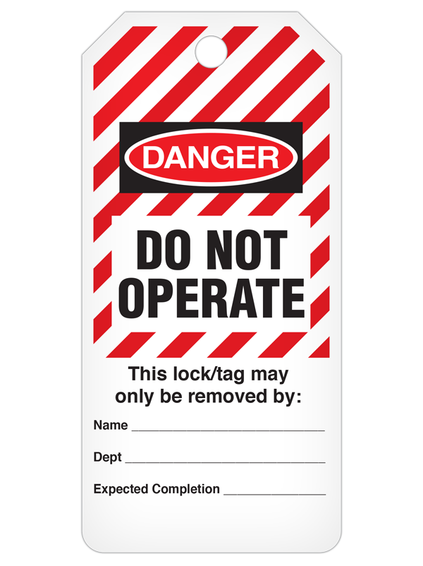 DANGER DO NOT OPERATE  Striped DuraPly™ Safety Tags-on-a-Roll 3 in x 6.25 in with Dispenser Box -FRONT