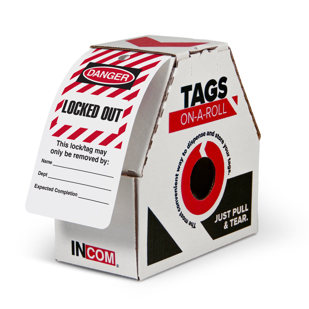 DANGER LOCKED OUT Striped DuraPly™ Safety Tags-on-a-Roll 3 in x 6.25 in with Dispenser Box