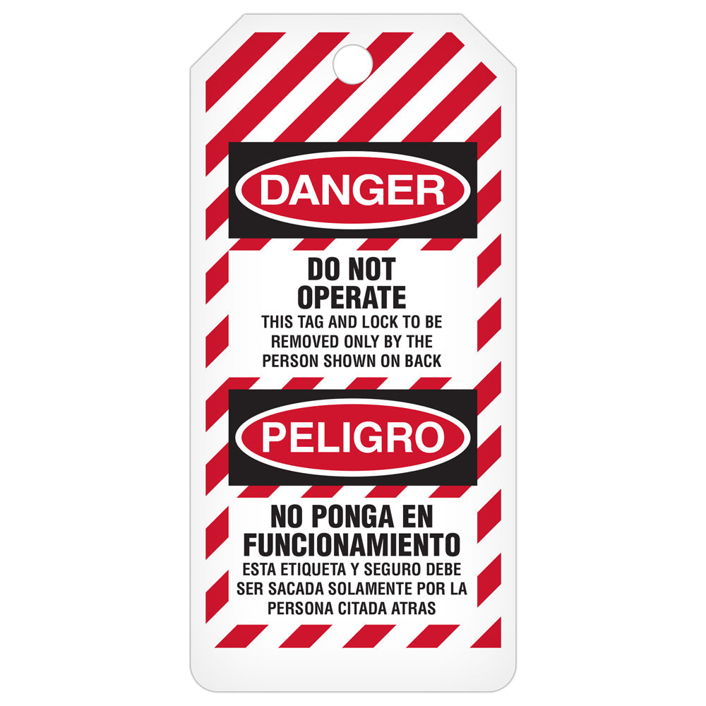DANGER DO NOT OPERATE/PELIGRO NO PONGA EN FUNCIONAMIENTO Bilingual Striped DuraPly™ Safety Tags-on-a-Roll 3 in x 6.25 in with Dispenser Box -FRONT