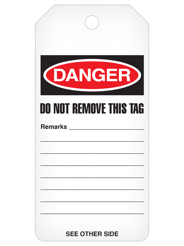 DANGER DO NOT OPERATE  Striped DuraPly™ Safety Tags-on-a-Roll 3 in x 6.25 in with Dispenser Box -BACK