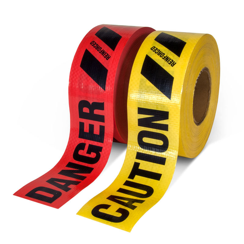 REBT2058 CAUTION and REBT2057 DANGER Reinforced Ultra-Durable Barricade Message Safety Tape (3 in x 500 ft) 12 /case side by side rolls