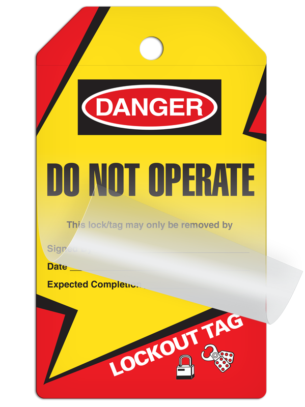 SLM6002 LOCKOUT/TAGOUT  DO NOT OPERATE Stripe DuraPly™ Tag with DuraLAM™ Self-Laminating Flap (25/pkg) - FRONT