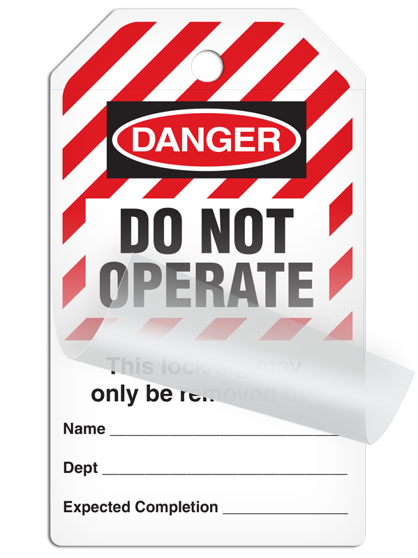 SLM6025 LOCKOUT/TAGOUT  DO NOT OPERATE Lightning Bolt DuraPly™ Tag with DuraLAM™ Self-Laminating Flap (25/pkg) - FRONT