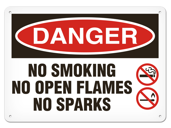 DANGER NO SMOKING NO OPEN FLAMES NO SPARKS PrimeGuard® Traditional OSHA Style Safety Sign 